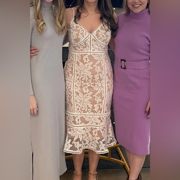 Alluring Love White and Beige Lace Trumpet Hem Midi Dress - Picture 6 of 13